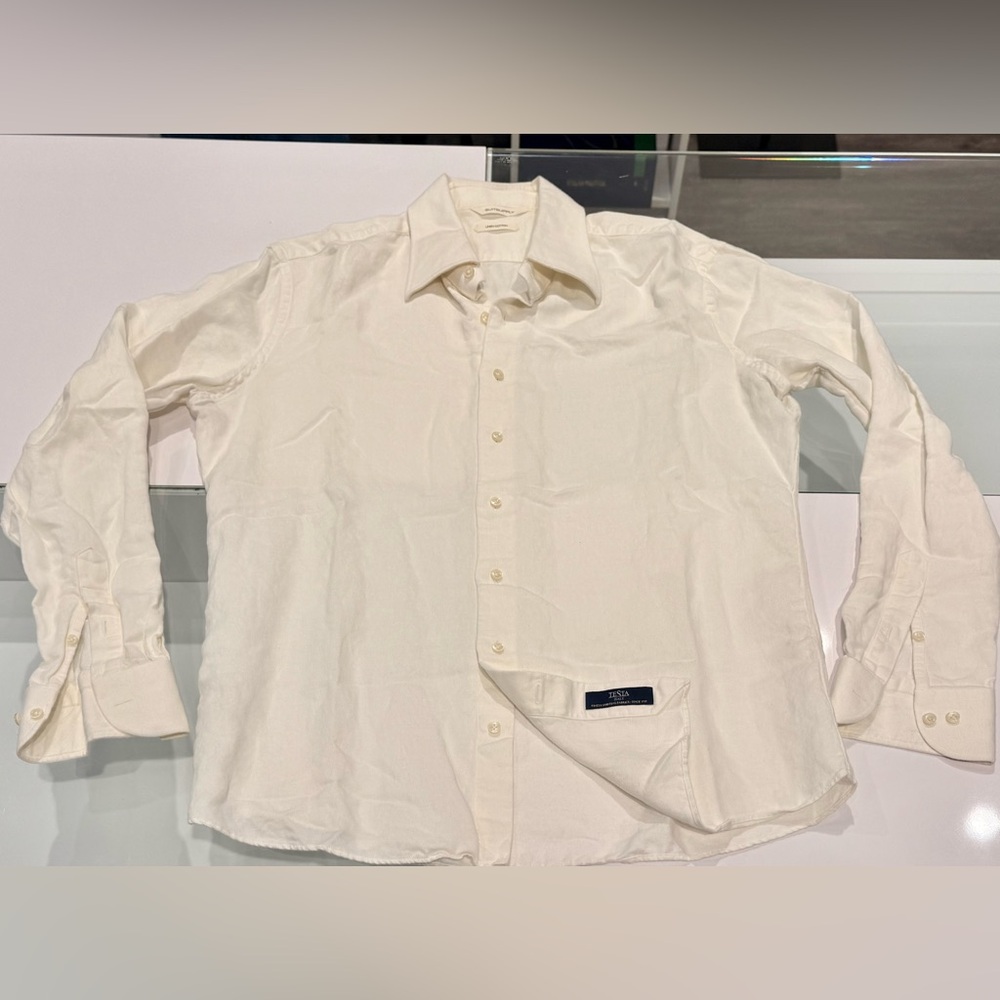 SUITSUPPLY Off-white Linen Cotton Point Collar Dress Shirt 17 XL Slim Fit